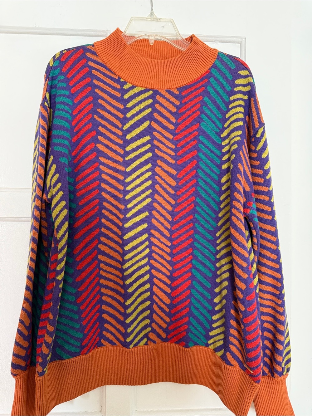 Multicolor Chevron Turtleneck Sweater with Orange Trim